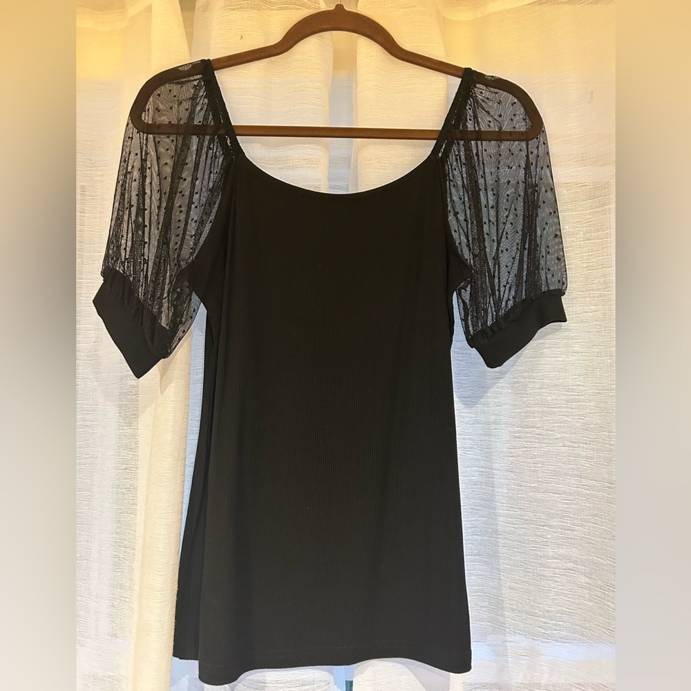 Black Ribbed Top with Sheer Sleeves